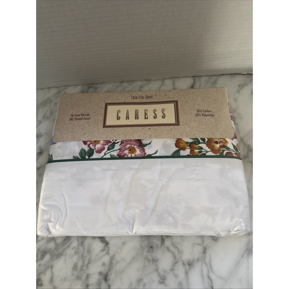 Caress Ashlee Twin Flat Sheet Vintage Floral No Iron Percale 180TC White Pink